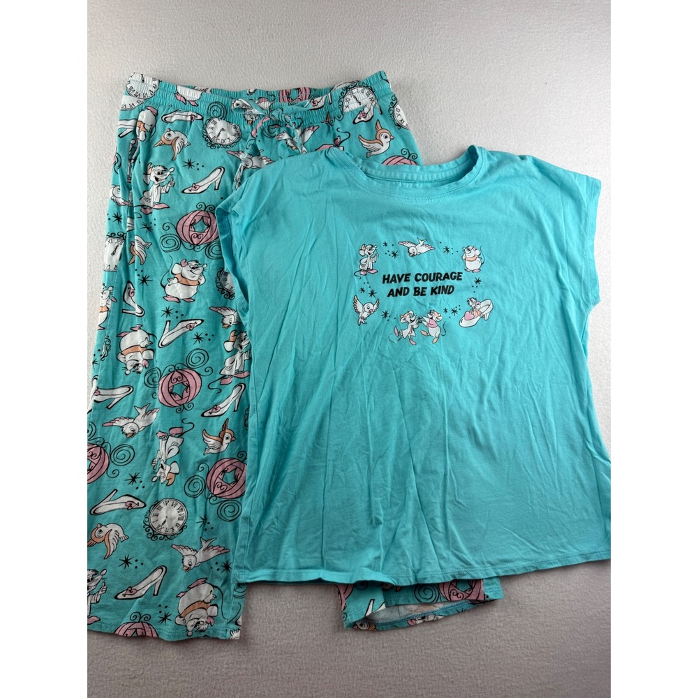 Disney Cinderella Have Courage and Be Kind Teal Cotton Pajama Set Womens Small